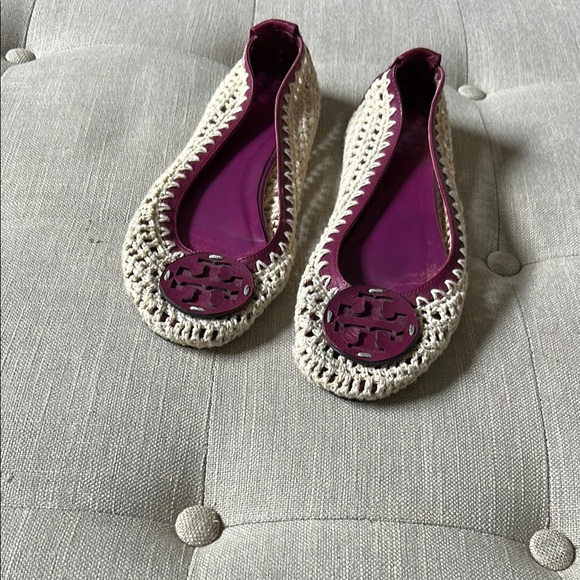 Tory Burch Crotchet Rory Cream and Purple Ballet Flats Size 38